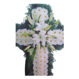 Cruz de rosas blancas y margarita blanca