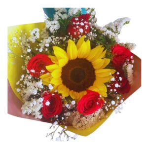 Ramo de rosas y girasol
