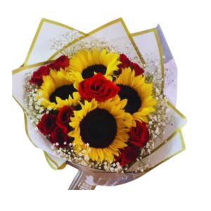 Ramo de rosas rojas y girasoles