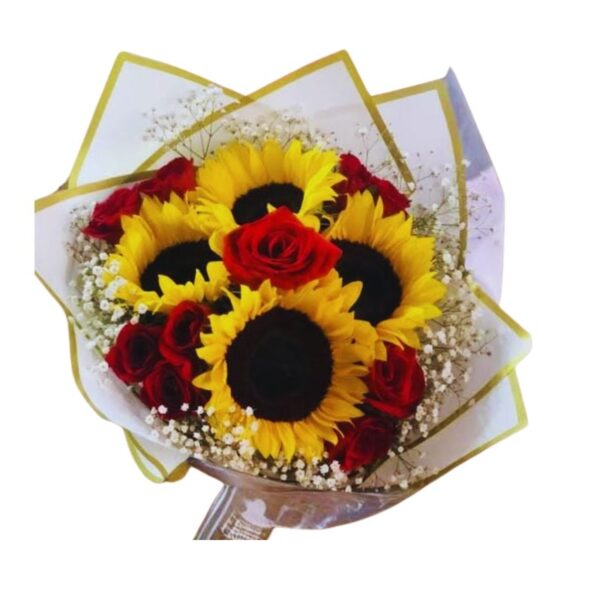 Ramo de rosas rojas y girasoles